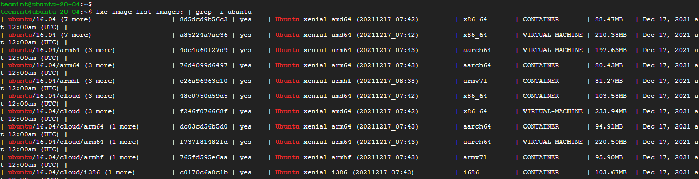 List LXC Container Images