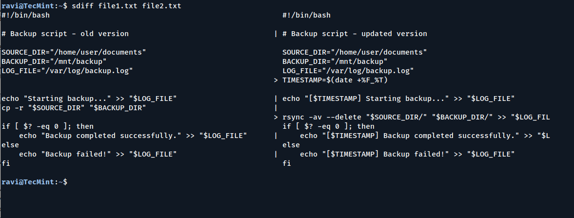 Compare Files with sdiff Command